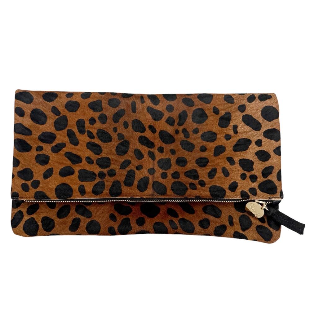 Clare Vivier Calf Hair Leopard Print Top Zip Foldover Clutch Handbag Brown Black - Picture 2 of 11